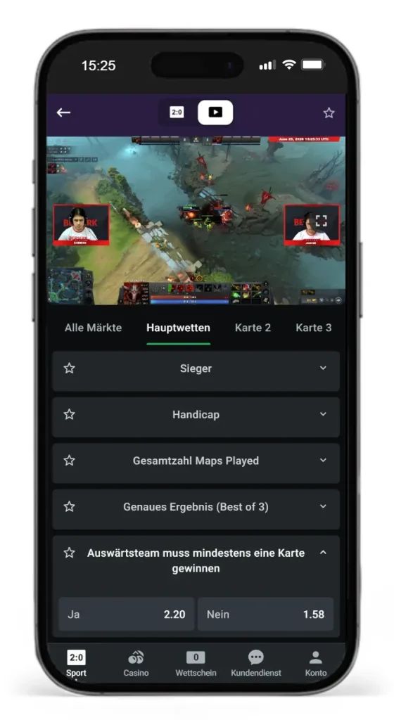 Auswahl an Wettoptionen auf Dota 2 bei Leonbet