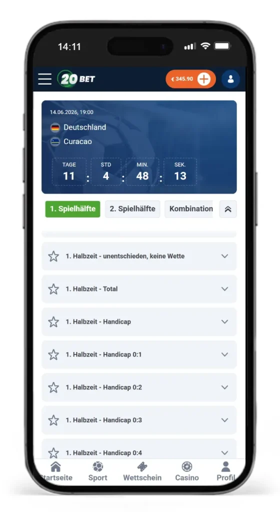 Halbzeitwetten auf das WM26 Spiel Deutschland vs Curacao bei 20Bet