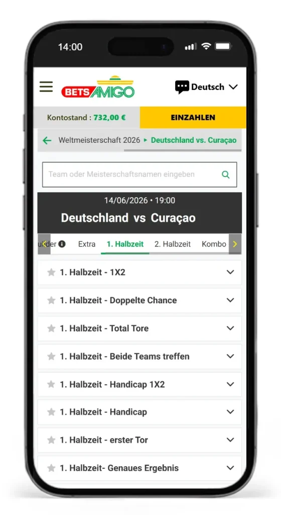 Auswahl an Halbzeitwetten auf das WM Spiel Deutschland vs Curacao von BetsAmigo