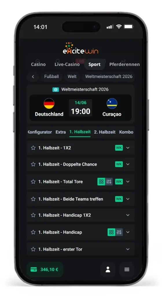 Halbzeit Wetten auf das WM26 Spiel Deutschland gegen Curacao bei ExciteWin