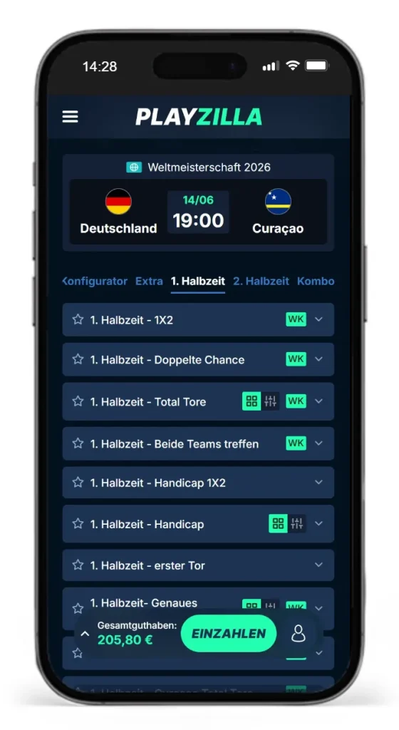 Halbzeitwetten von PlayZilla auf das Spiel Deutschland gegen Curacao bei der WM26
