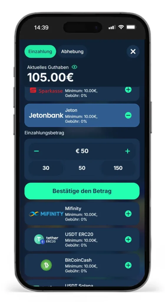 Einzahlung bei PlayZilla fuer Jeton Sportwetten