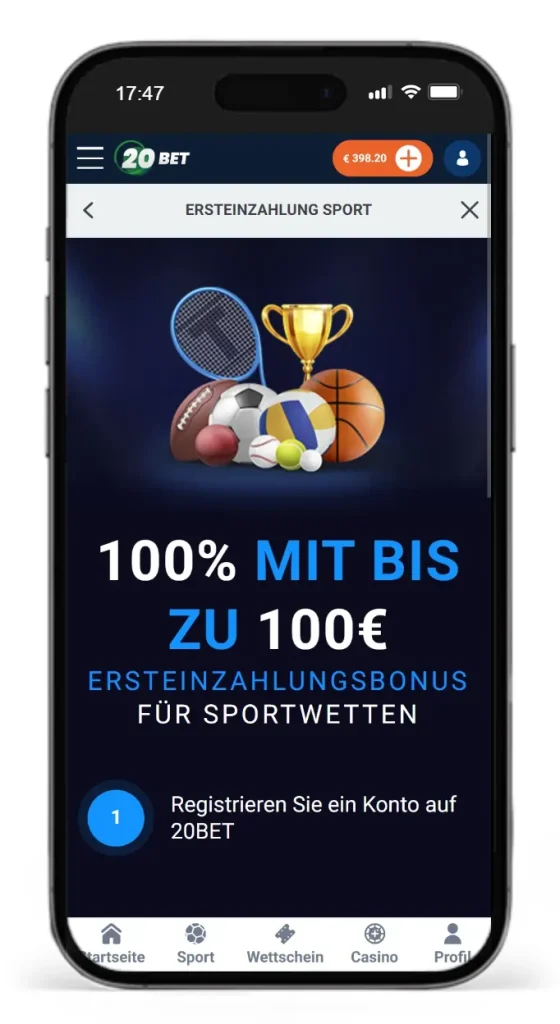 Ersteinzahlungsbonus von 20Bet für legale Sportwetten