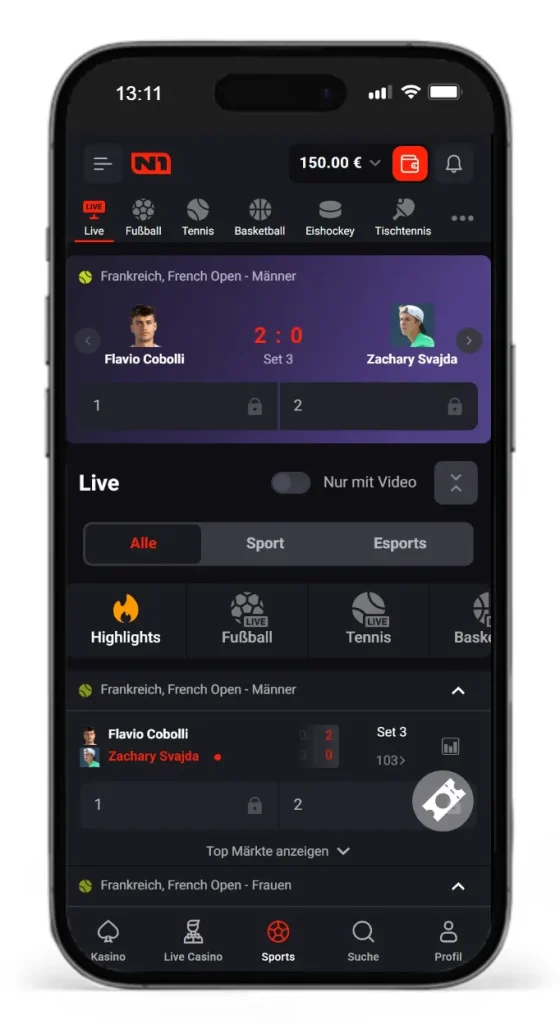N1Bet Live Wetten Auswahl