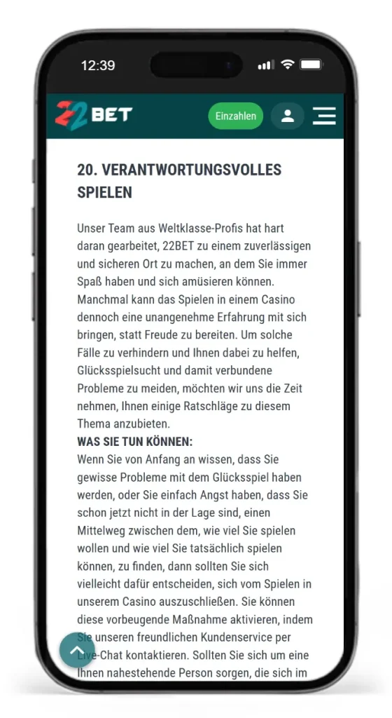 Leitfaden fuer verantwortungsvolles Wetten von 22bet