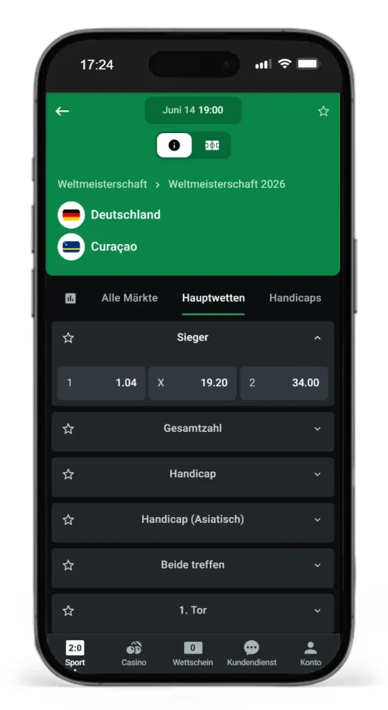 Beste WM Sieger Quoten auf die Begegnung Deutschland vs Curacao gibt es bei Leonbet