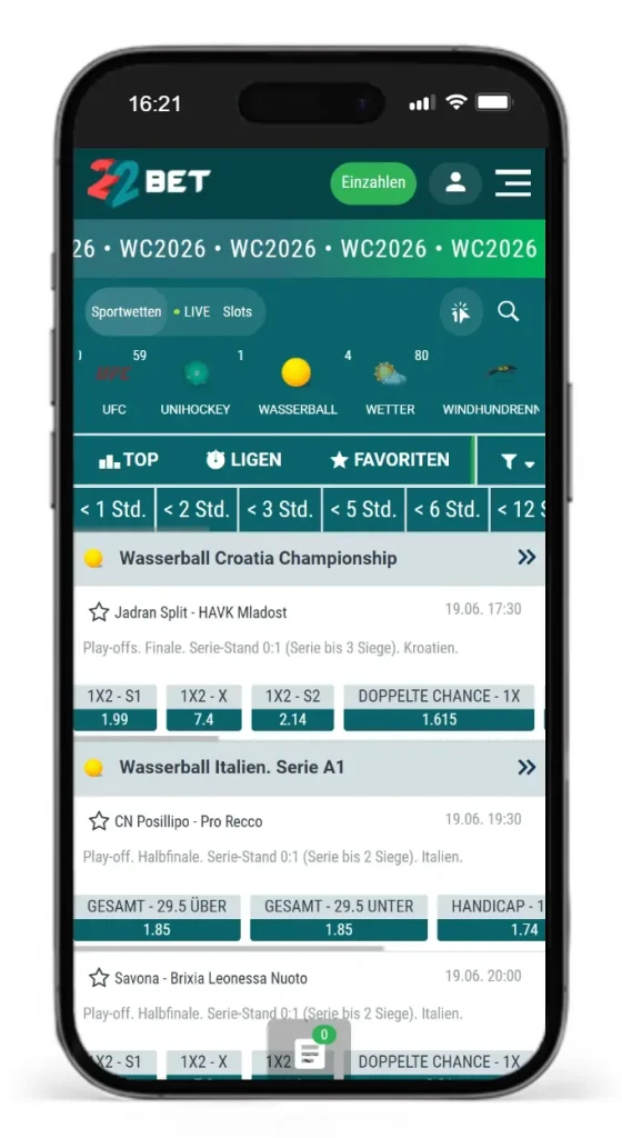 Auszug aus dem Angebot an Wasserballwetten von 22bet