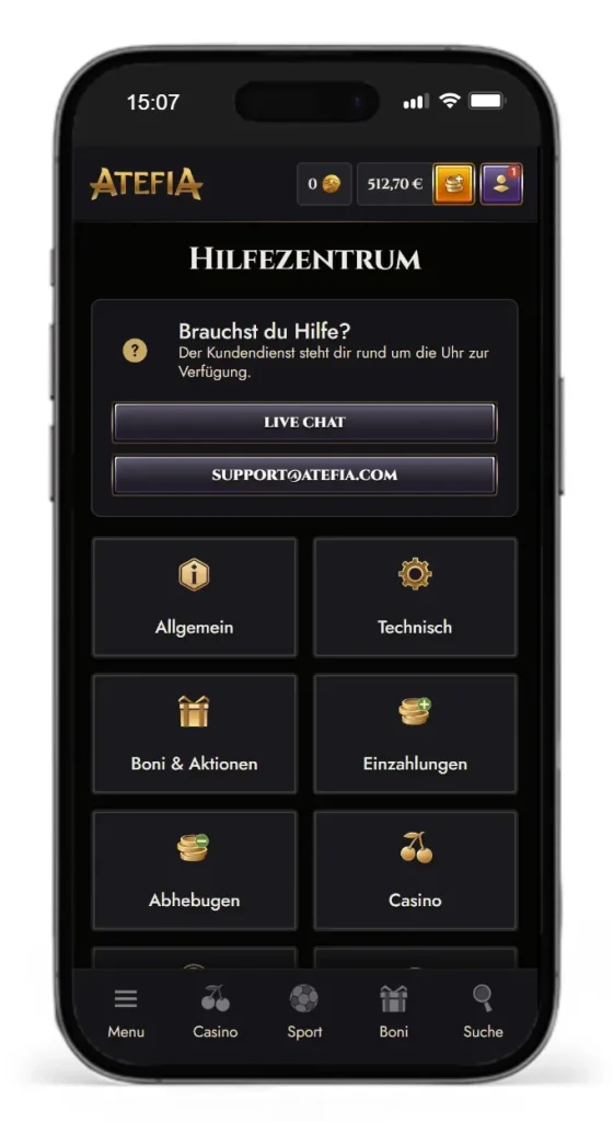 Hilfezentrum mit FAQ und Kontaktadressen des Kundensupports von Atefia