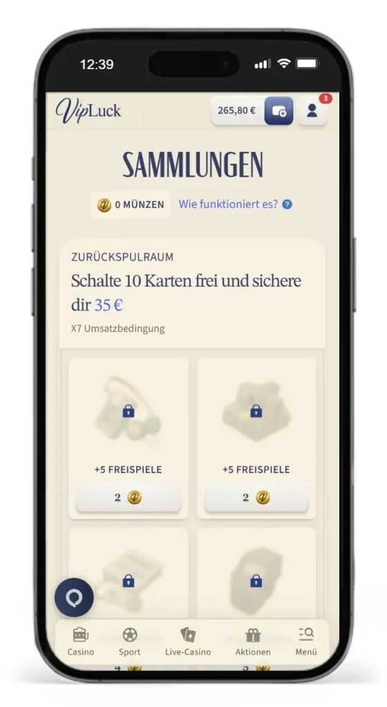 Treueprogramm von VipLuck mit Kartensammlungen fuer extra Preise