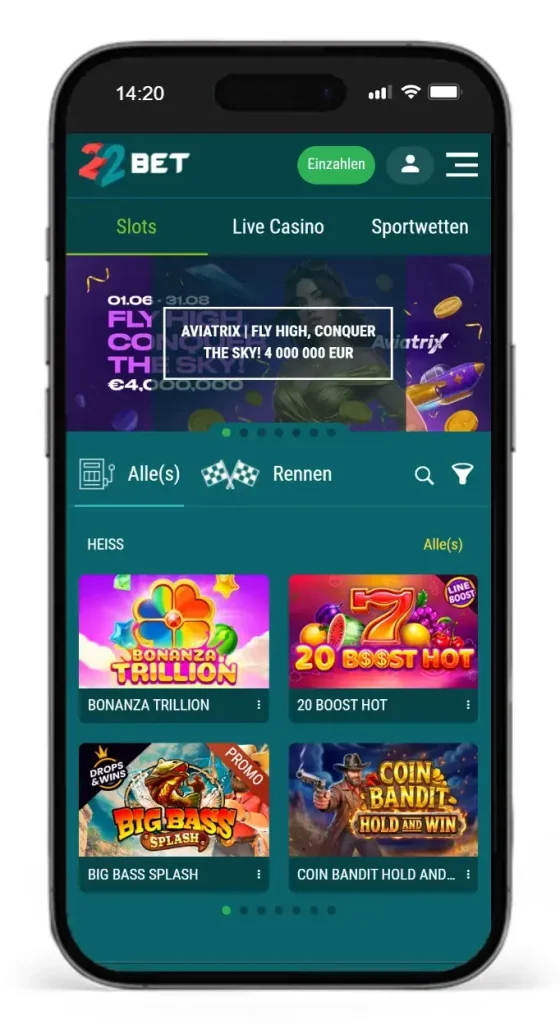 Slot Auswahl im Sportwetten Casino 22bet