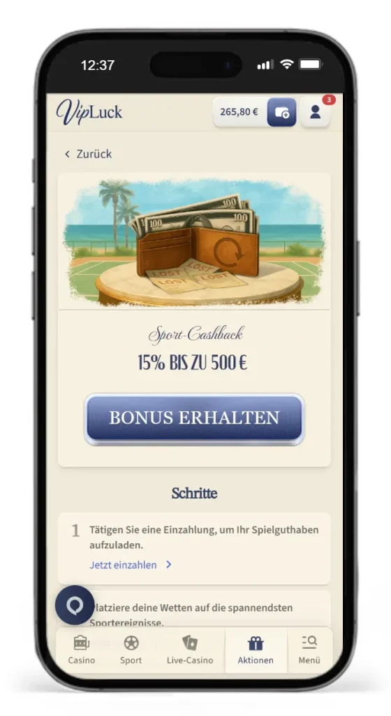 Woechentlicher Cashback fuer Sportwetten bei VipLuck