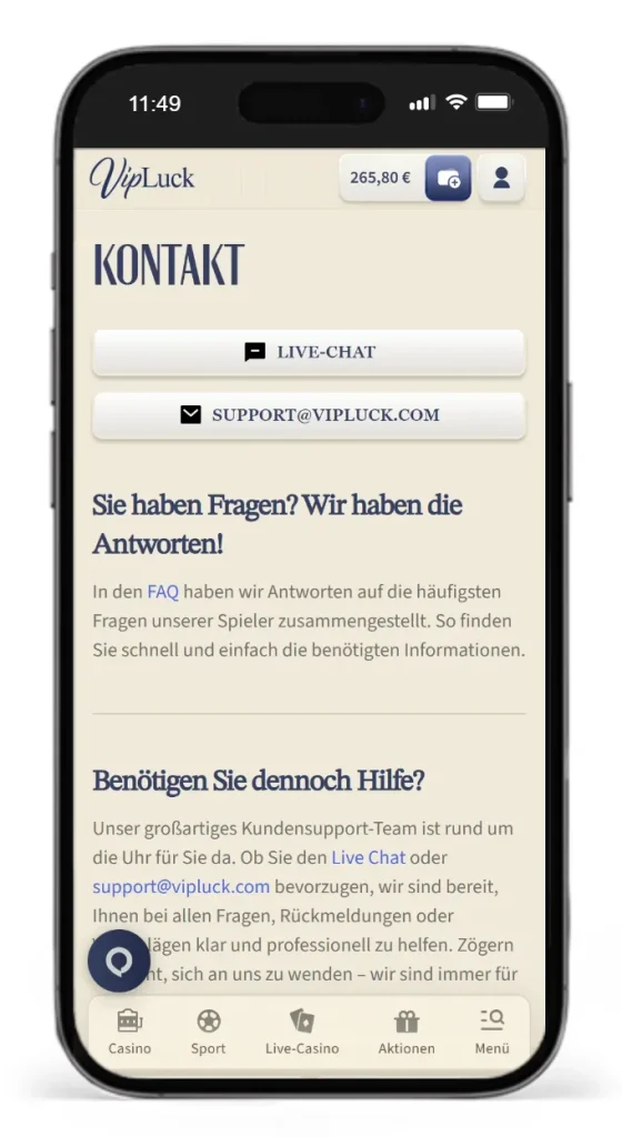 Kontaktoptionen des Kundensupports von VipLuck