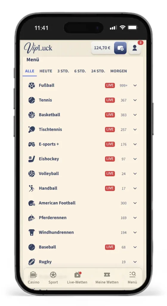 Auswahl an Sportarten fuer Online Sportwetten bei VipLuck