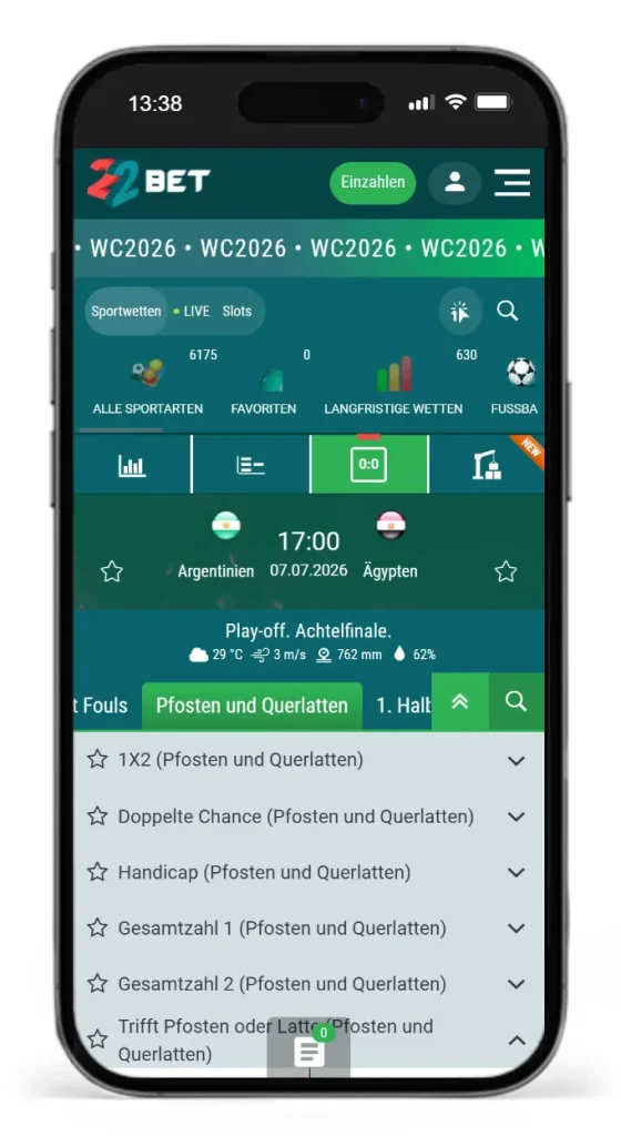 Auswahl an Wetten auf Pfosten und Querlatten bei 22bet