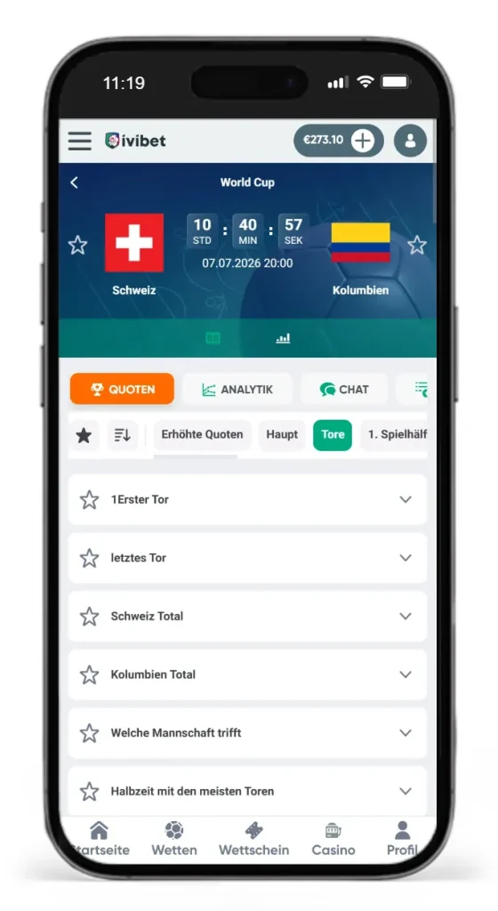 Auswahl an Wetten auf spaete Tore bei Ivibet