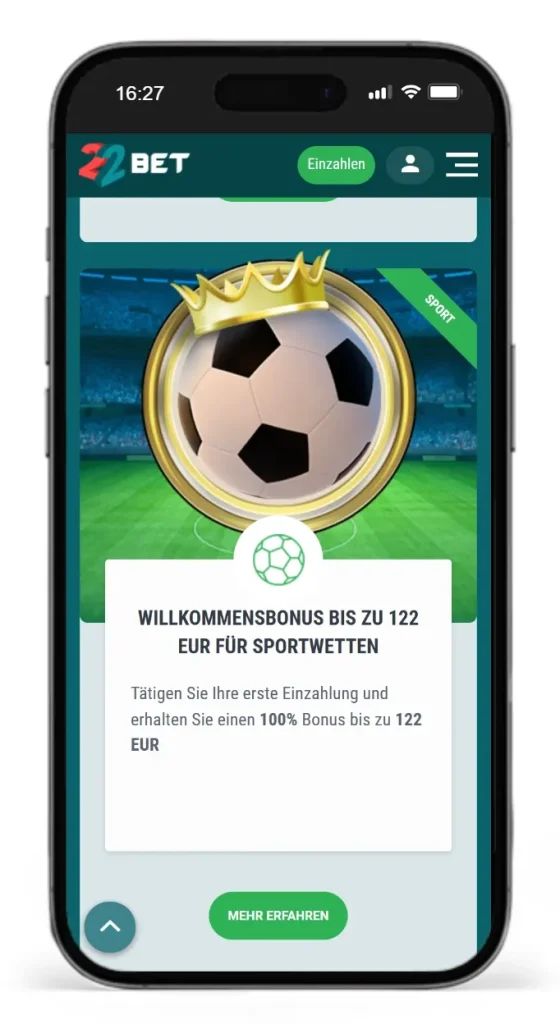 Willkommensbonus fuer Wetten ohne LUGAS bei 22bet