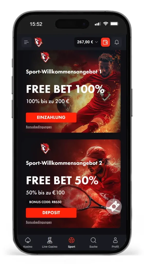 Einzahlungsbonus fuer Wetten ohne LUGAS bei RoosterBet