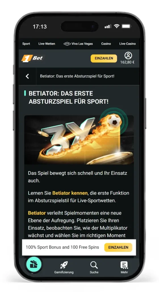 Betiator Wettfunktion von1Bet fuer Livewetten