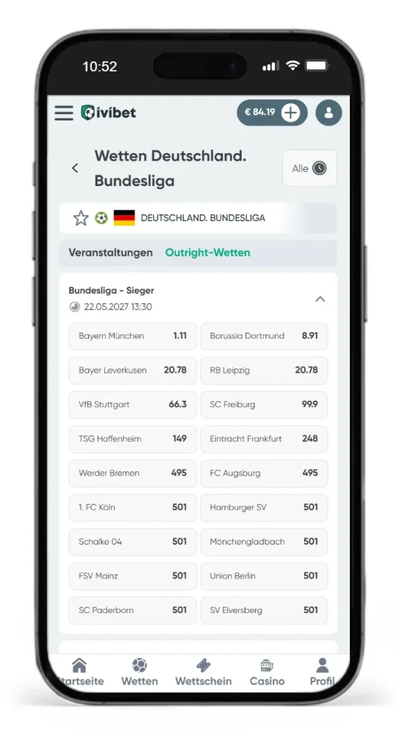 Quoten von Ivibet fuer Bundesliga Meisterwetten 2026/2027