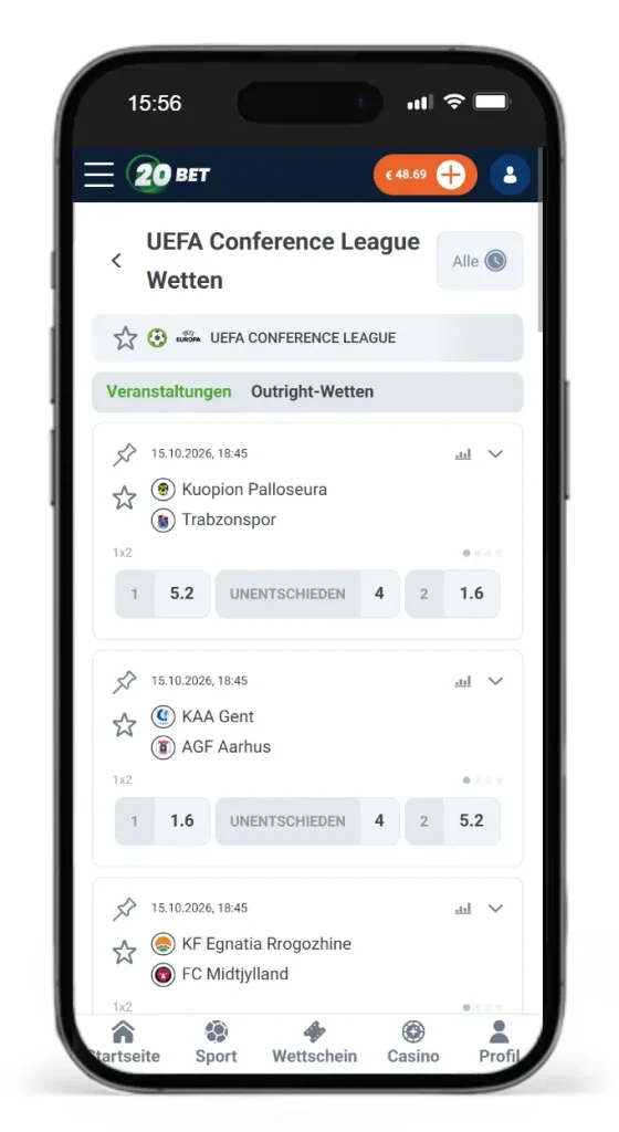 Quoten fuer Conference League Wetten 2026/2027 von 20Bet