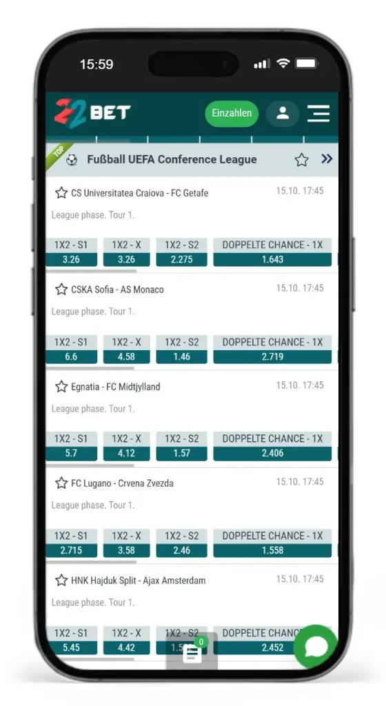 Quoten vom Conference League Wettanbieter 22bet