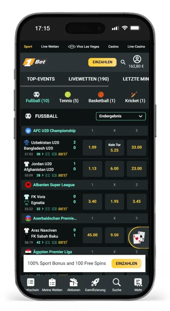 Auszug aus dem Angebot an Veranstaltungen fuer Livewetten bei 1Bet